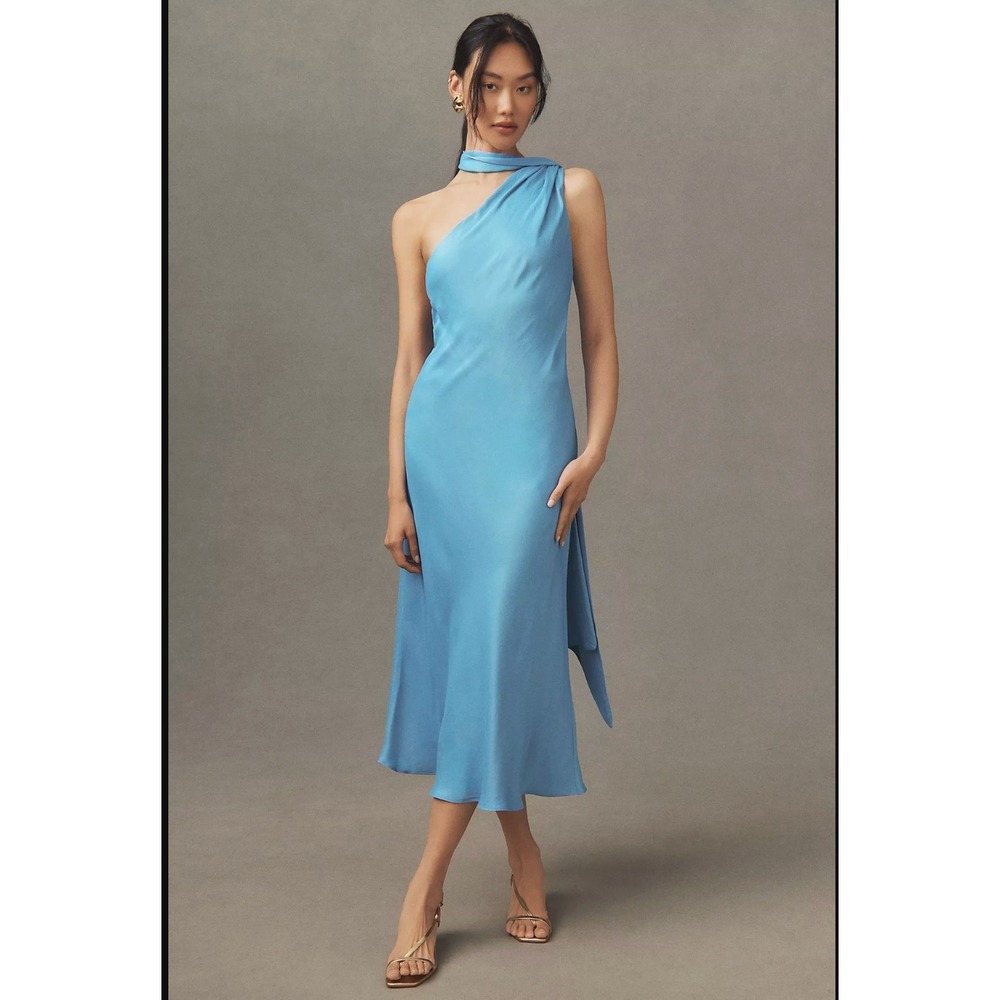 NEW BHLDN Womens Nicoletta One Shoulder Scarf Satin Midi Dress Size S Blue